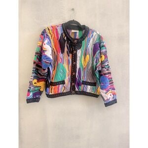 COOGI Australia Multicolor 3D Knit Cardigan Sweater 100% Mercerised Cotton M